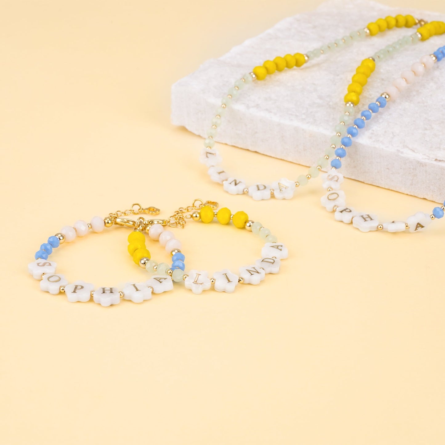 Colorful Crystal Beads Personalized Name Bracelet and Necklace Set for Girls