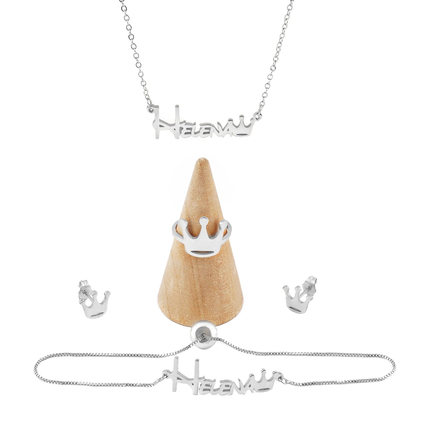Crown Style Silver Personalized Baby Name Jewelry Set (Baby Necklace, Bracelet, Earrings and Ring Set)