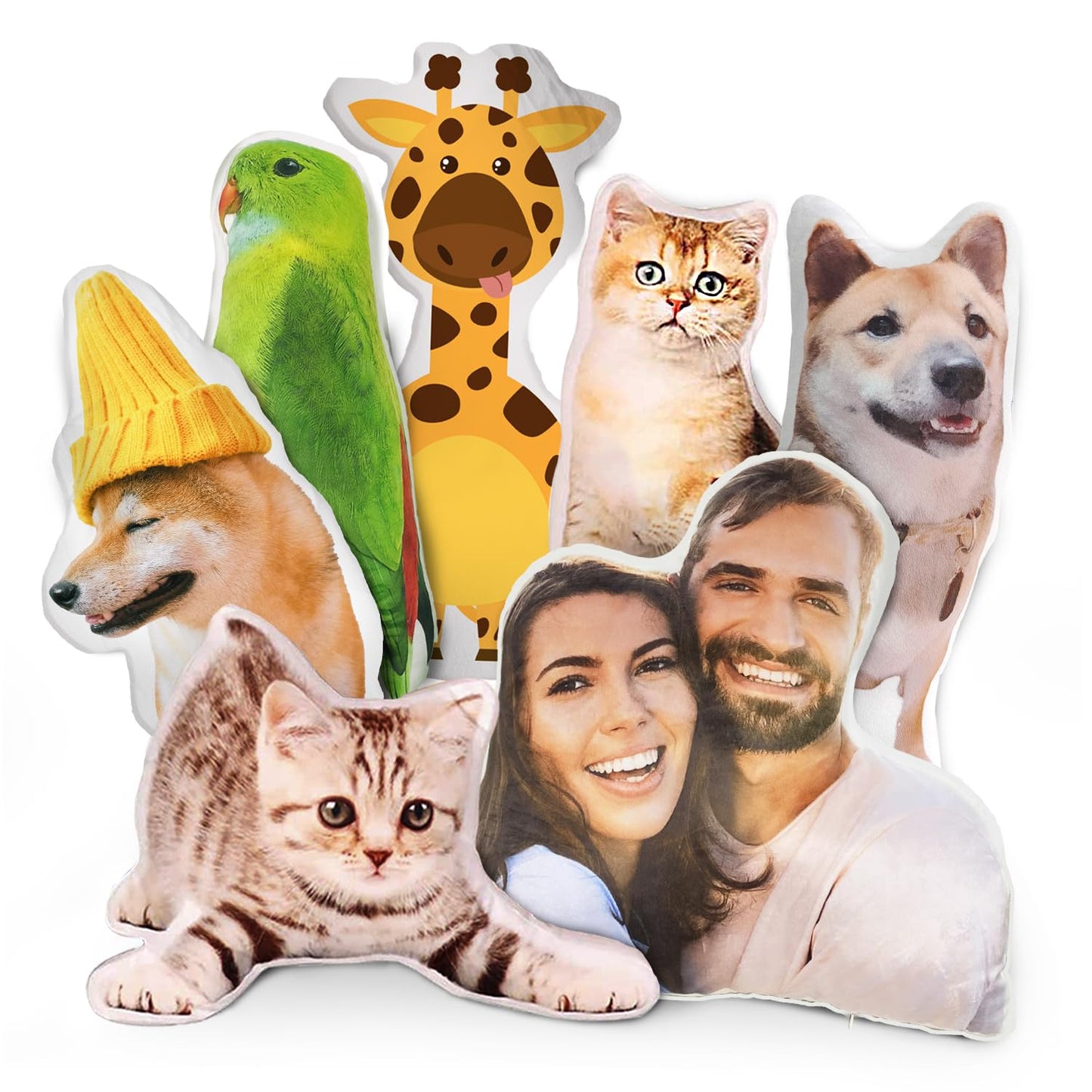 Custom funny pillows featuring pets and happy moments, perfect personalized gifts for any occasion.