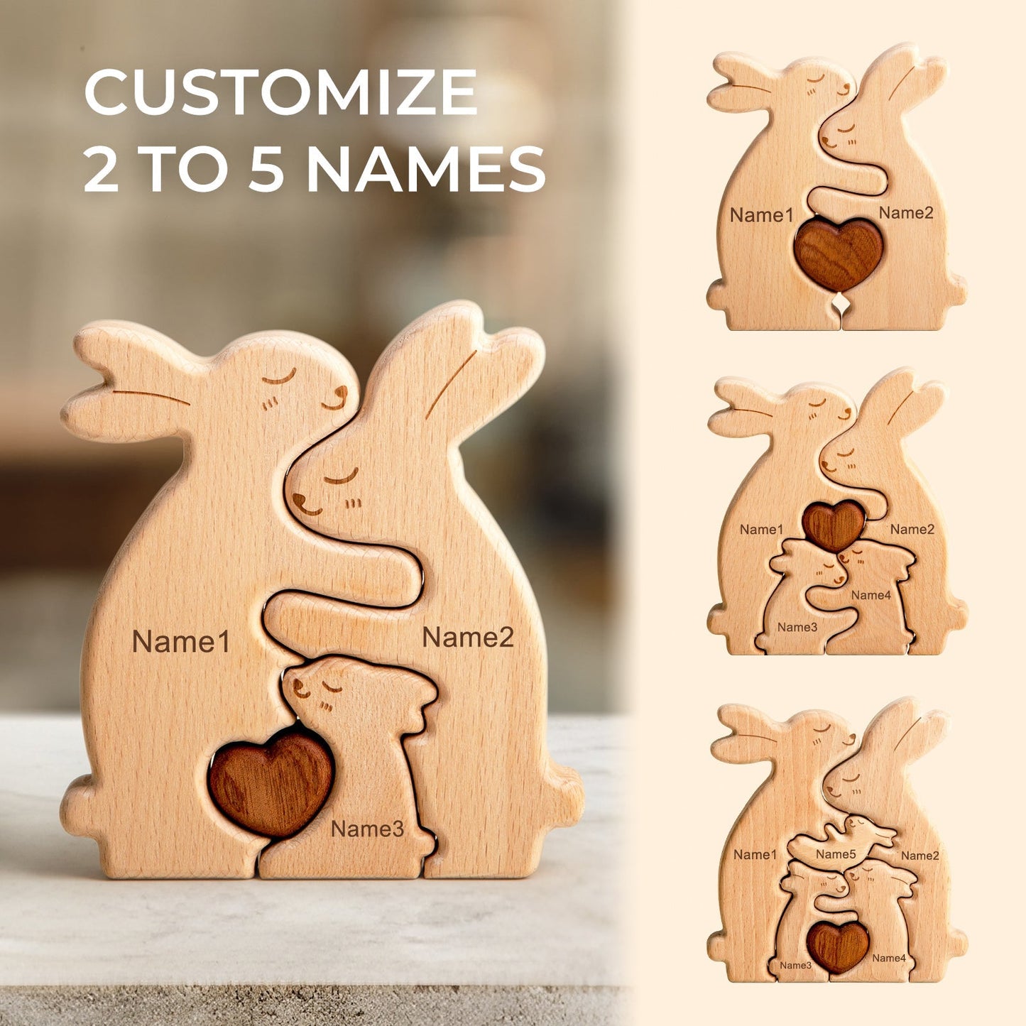 Personalized wooden rabbit family puzzle decor with customizable names for Easter celebrations.