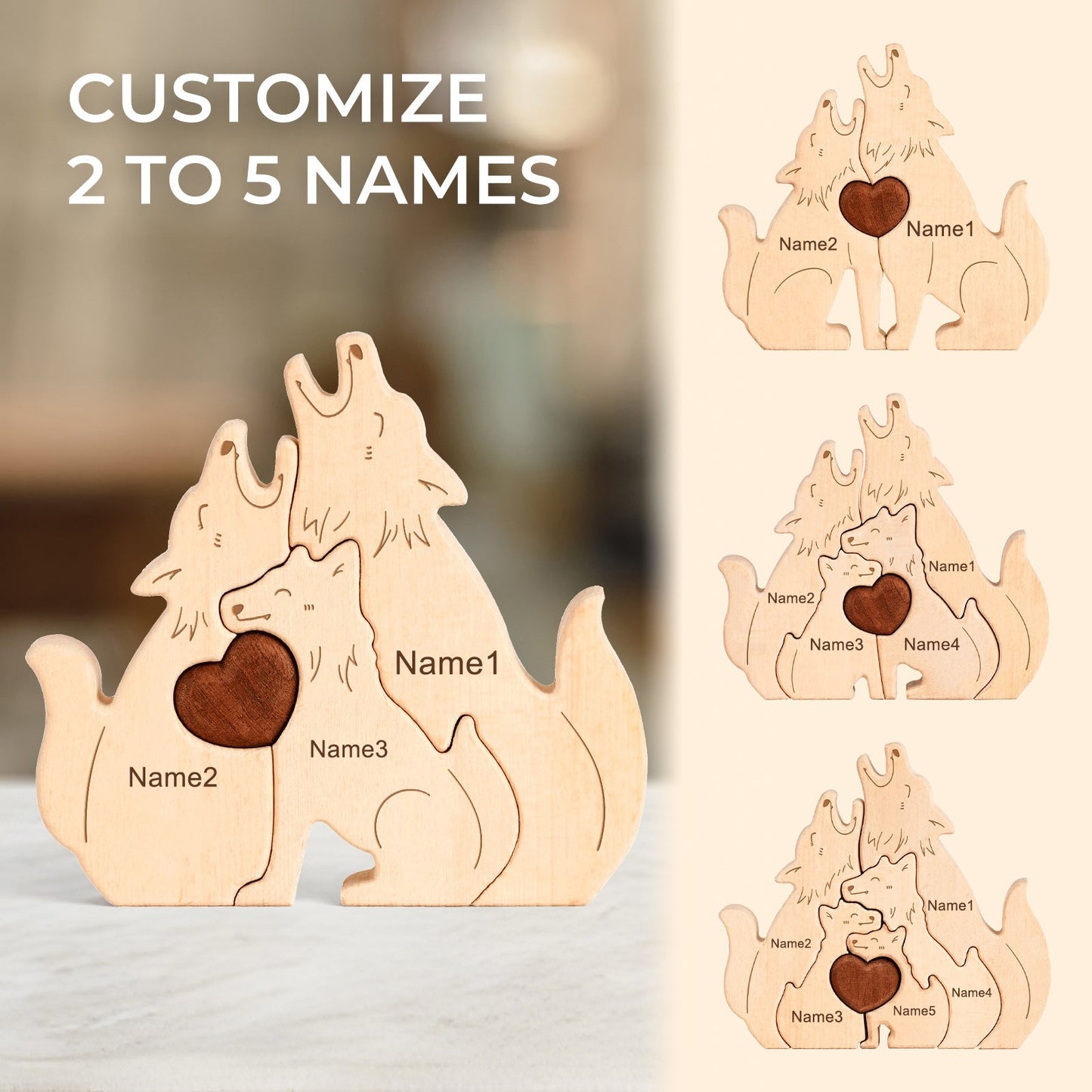 Personalized wooden wolf family puzzle with customizable names, ideal for unique family decor and gifts.