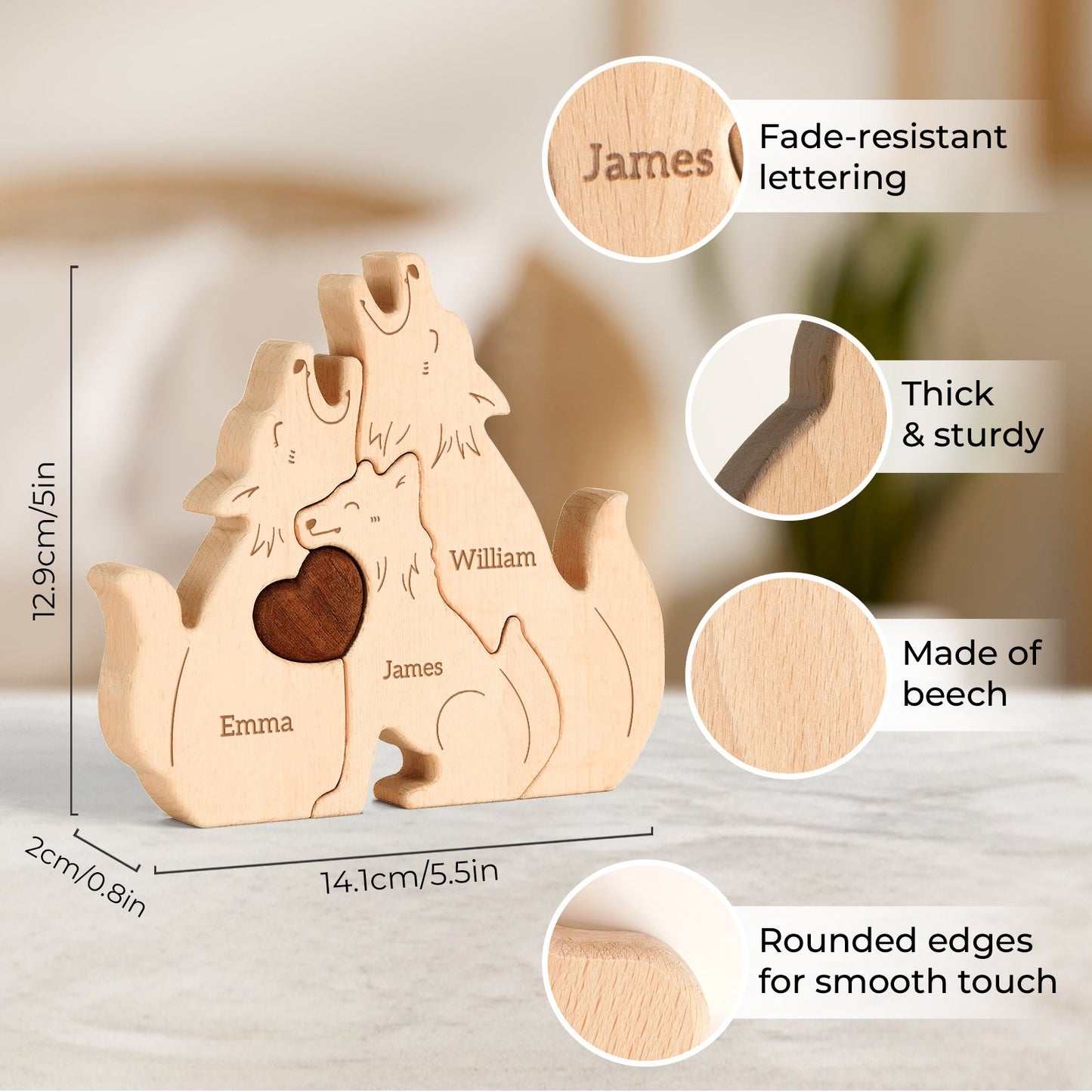 Personalized wooden wolf family puzzle decor with names, made of beech, featuring fade-resistant lettering.