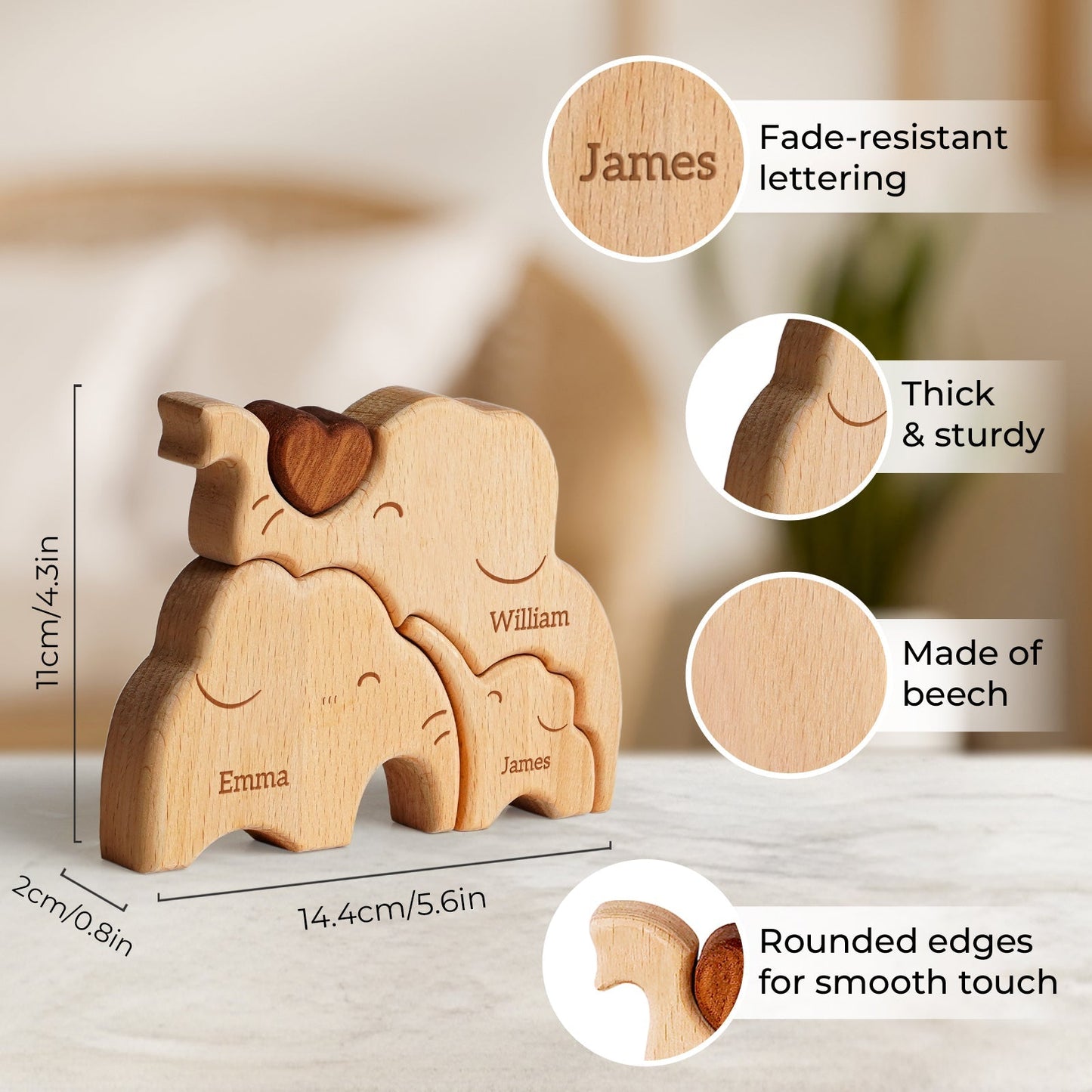 Personalized wooden elephant family puzzle with names James, William, and Emma, showcasing fade-resistant lettering and sturdy design.