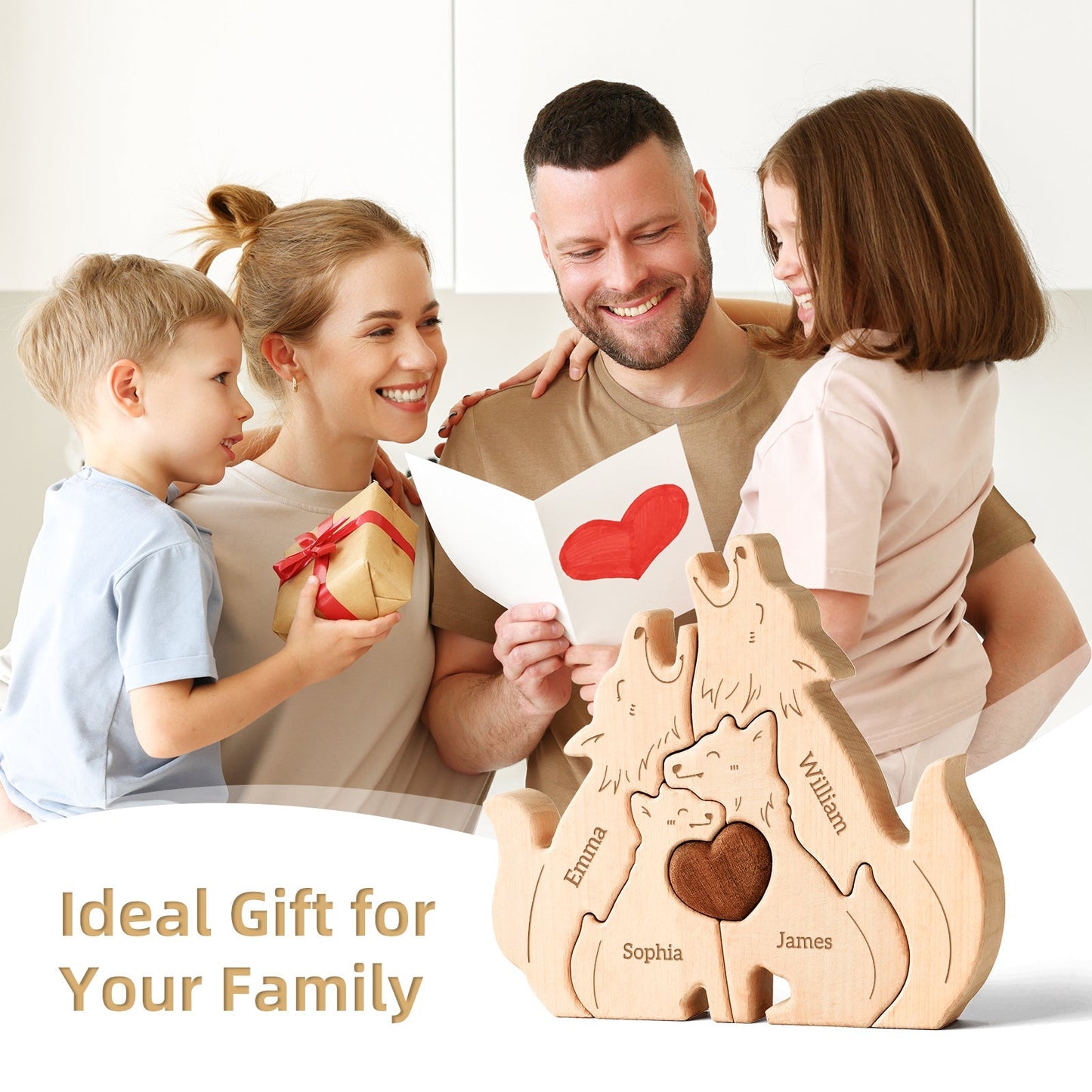 Smiling family enjoying personalized wooden wolf puzzle gift, celebrating love and togetherness.