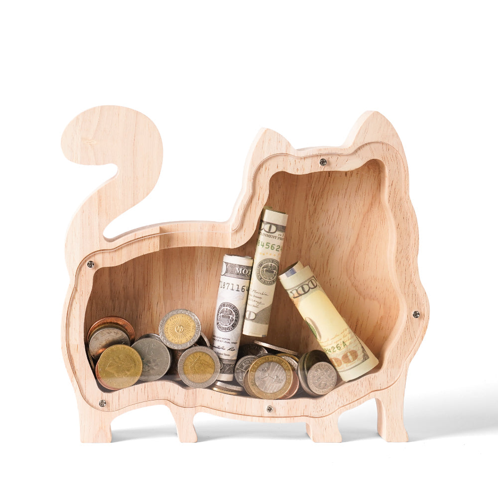 Personalized Wooden Cat Piggy Bank for Kids
