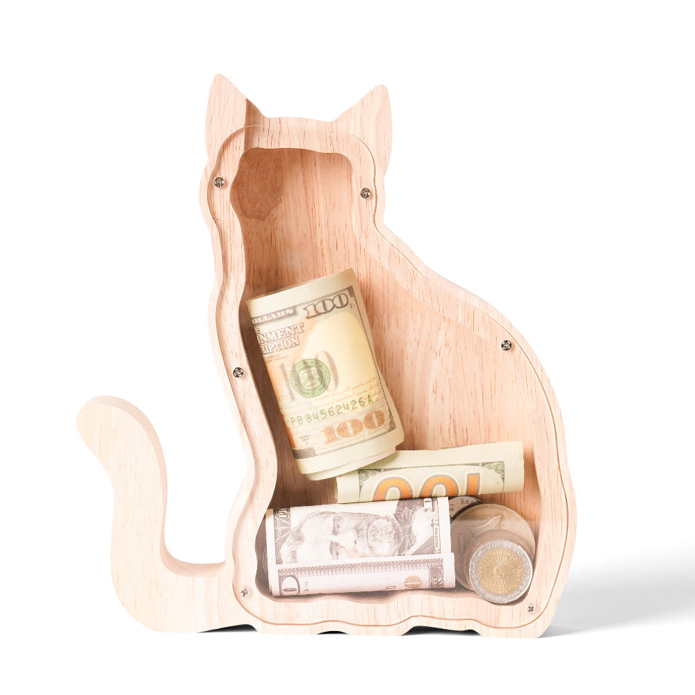 Personalized Wooden Cute Cat Piggy Bank for Kids