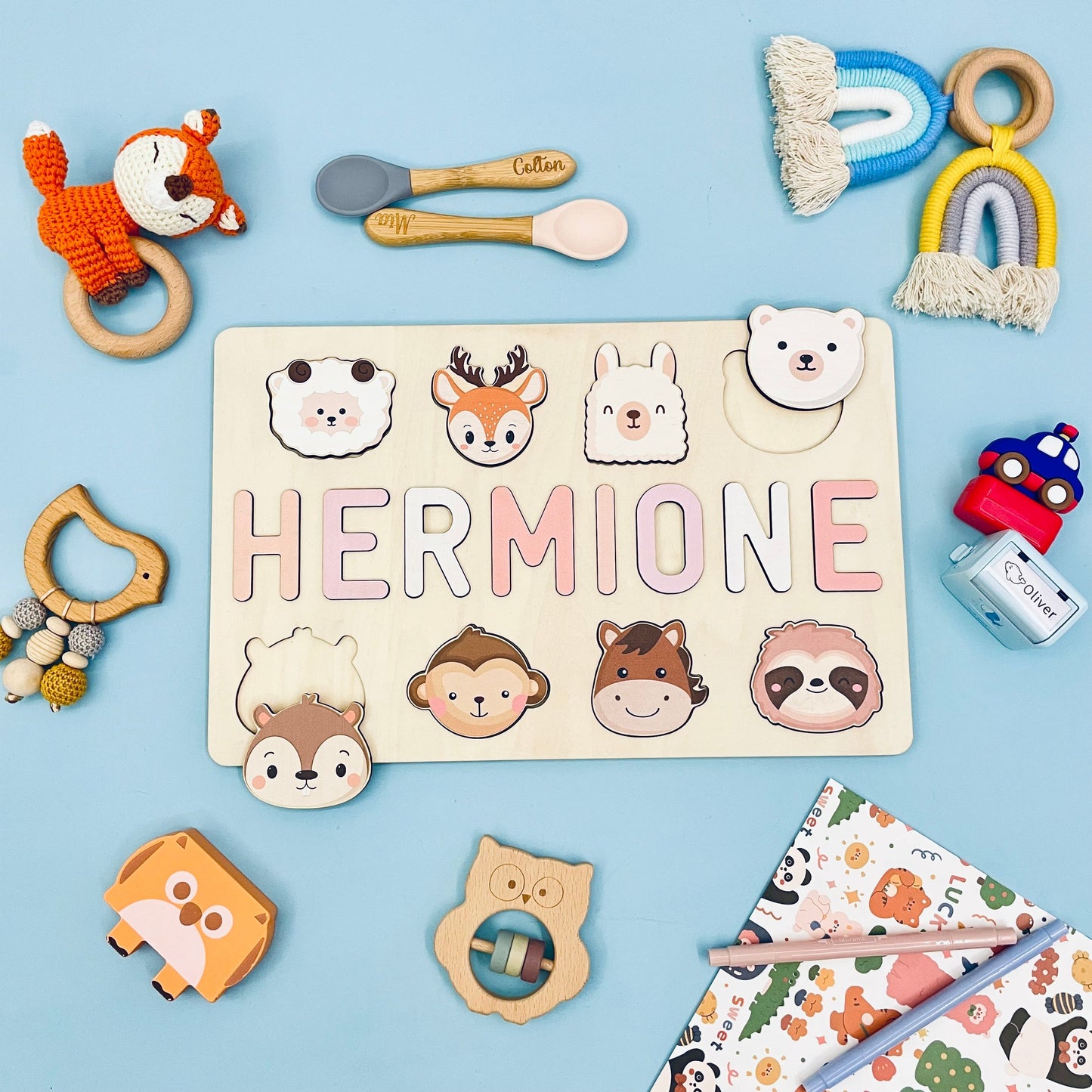 Custom Wooden Baby Name Puzzle with Animals