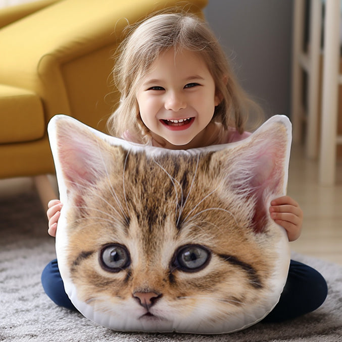 Smiling girl holding a custom funny pillow featuring a cat face, showcasing personalized photo cushions.