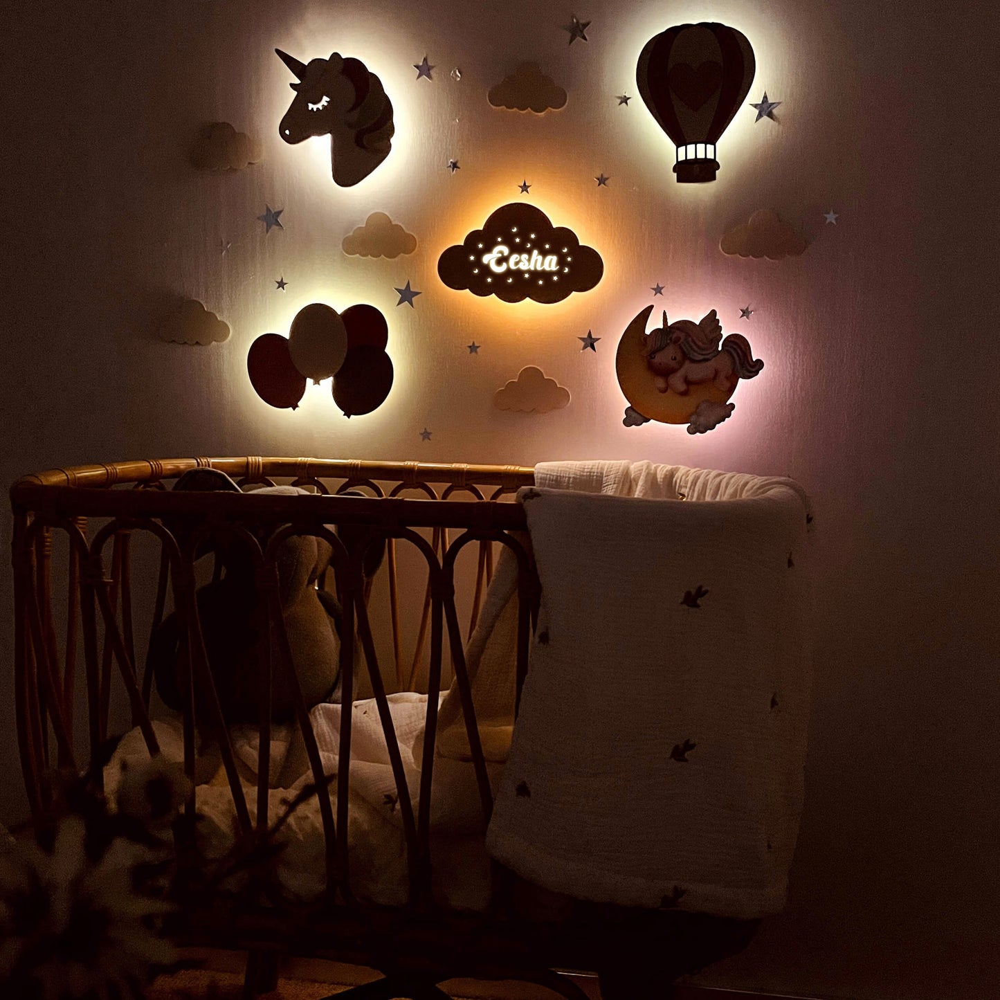 Personalized Wooden Baby's Room Wall Light Set - 5 Pcs - Girls Color