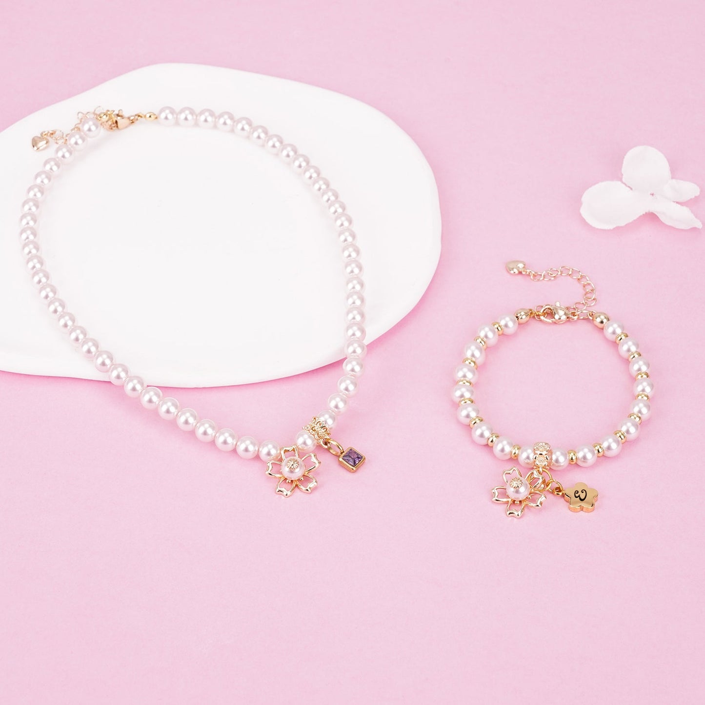 Sakura Charms Personalized Girl's Initial Pink Pearl Bracelet
