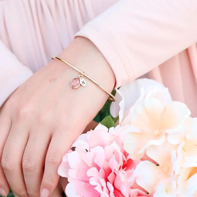 Custom Birthstone and Initial Leaf Charm Open Bracelet