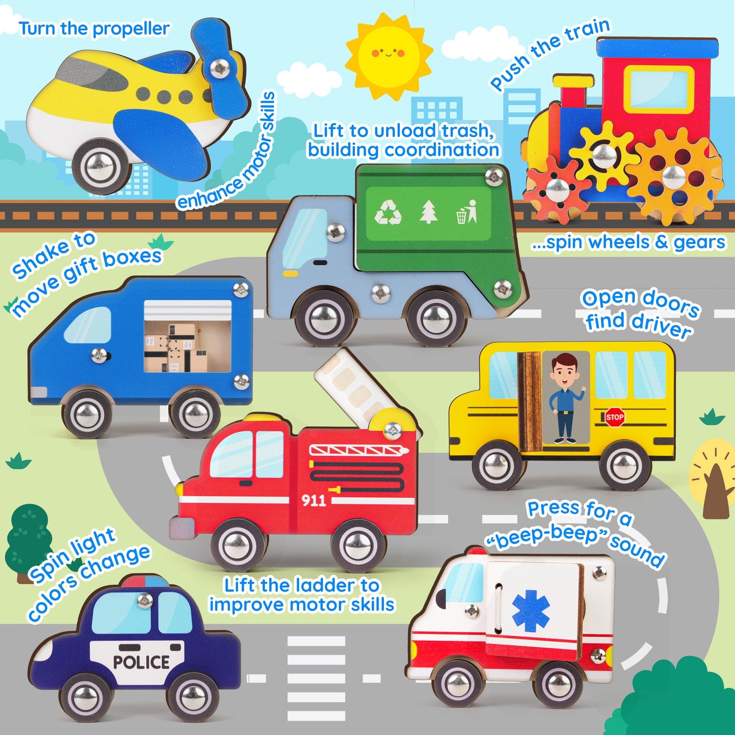 Colorful busy board featuring various vehicles with interactive elements for children's learning and motor skills development.