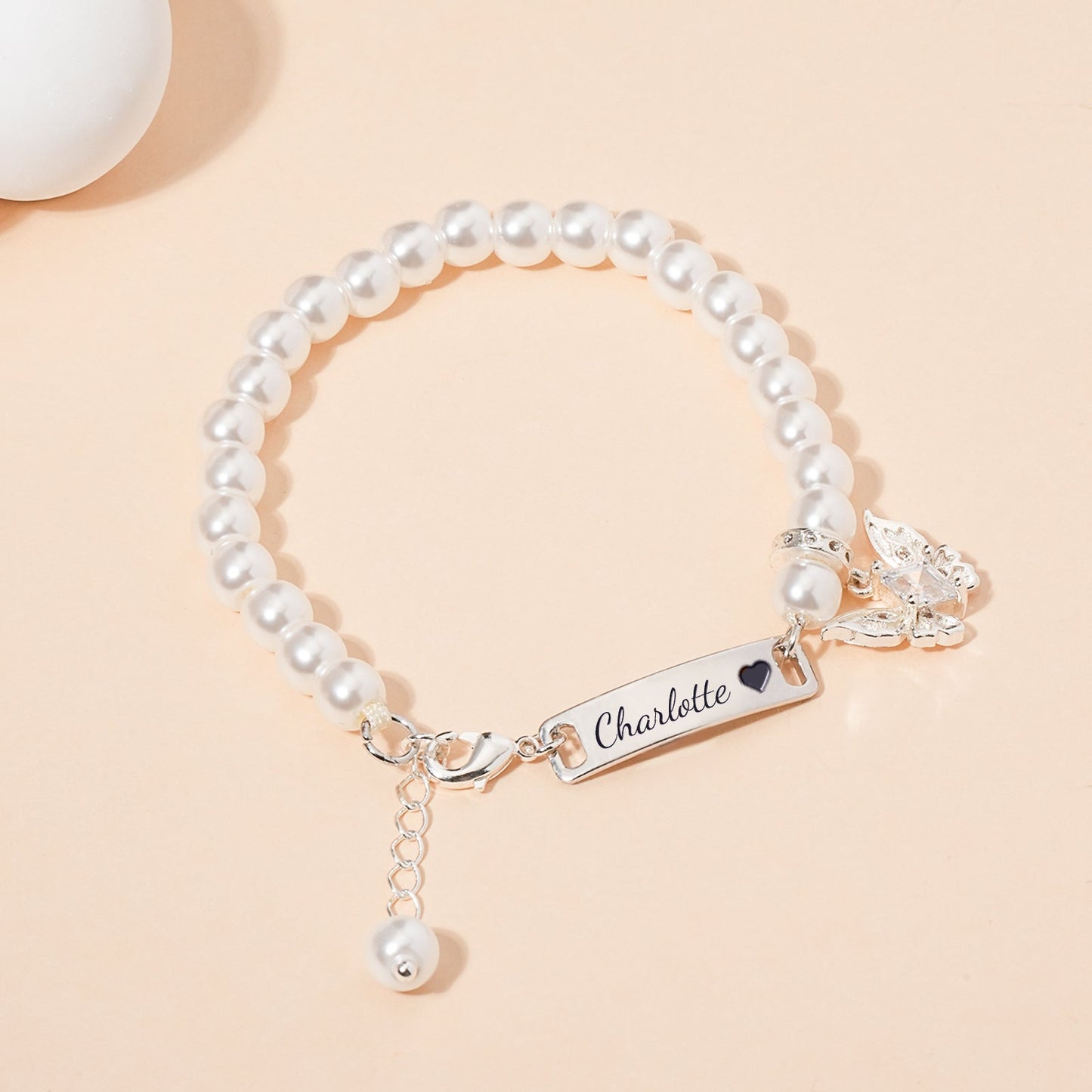 Personalized Girl's Pearl Identity Bracelet – Crystal Butterfly Charm