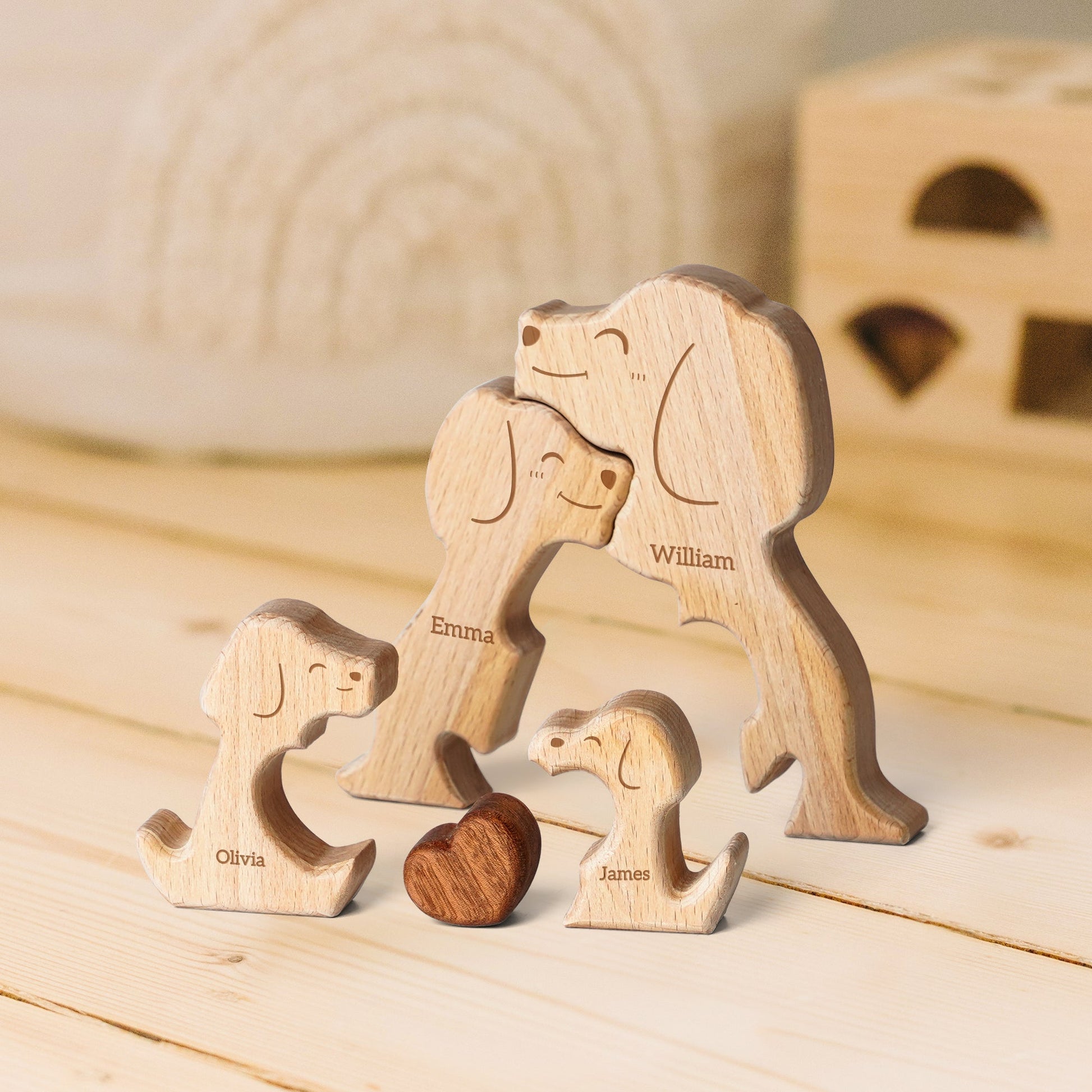 Personalized wooden dog family puzzle with carved names Emma, William, Olivia, and James, perfect for family decor.