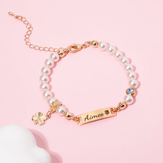 Four-leaf Clover Pendant Personalized Baby Name and Birthstone Pearl Bracelet