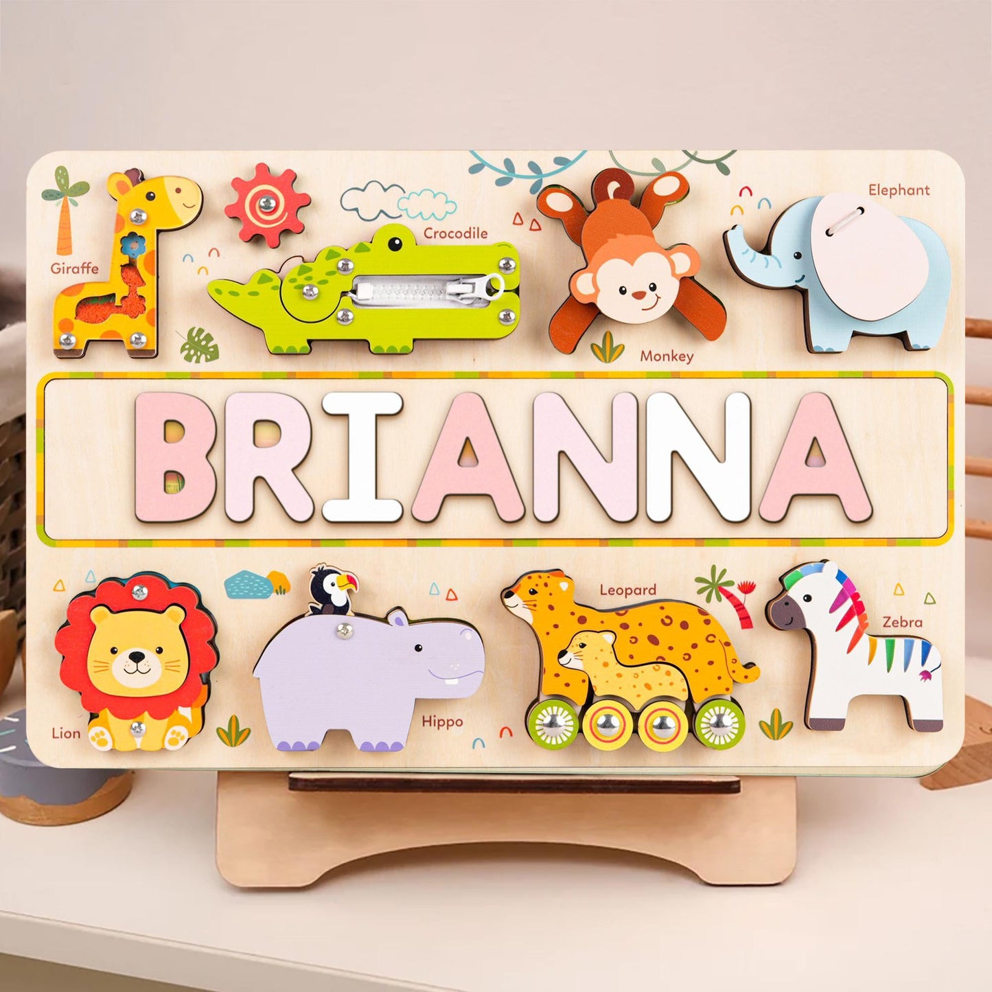 Personalized Wooden Animal Name Puzzle Busy Board featuring vibrant animals and colorful letters for kids.