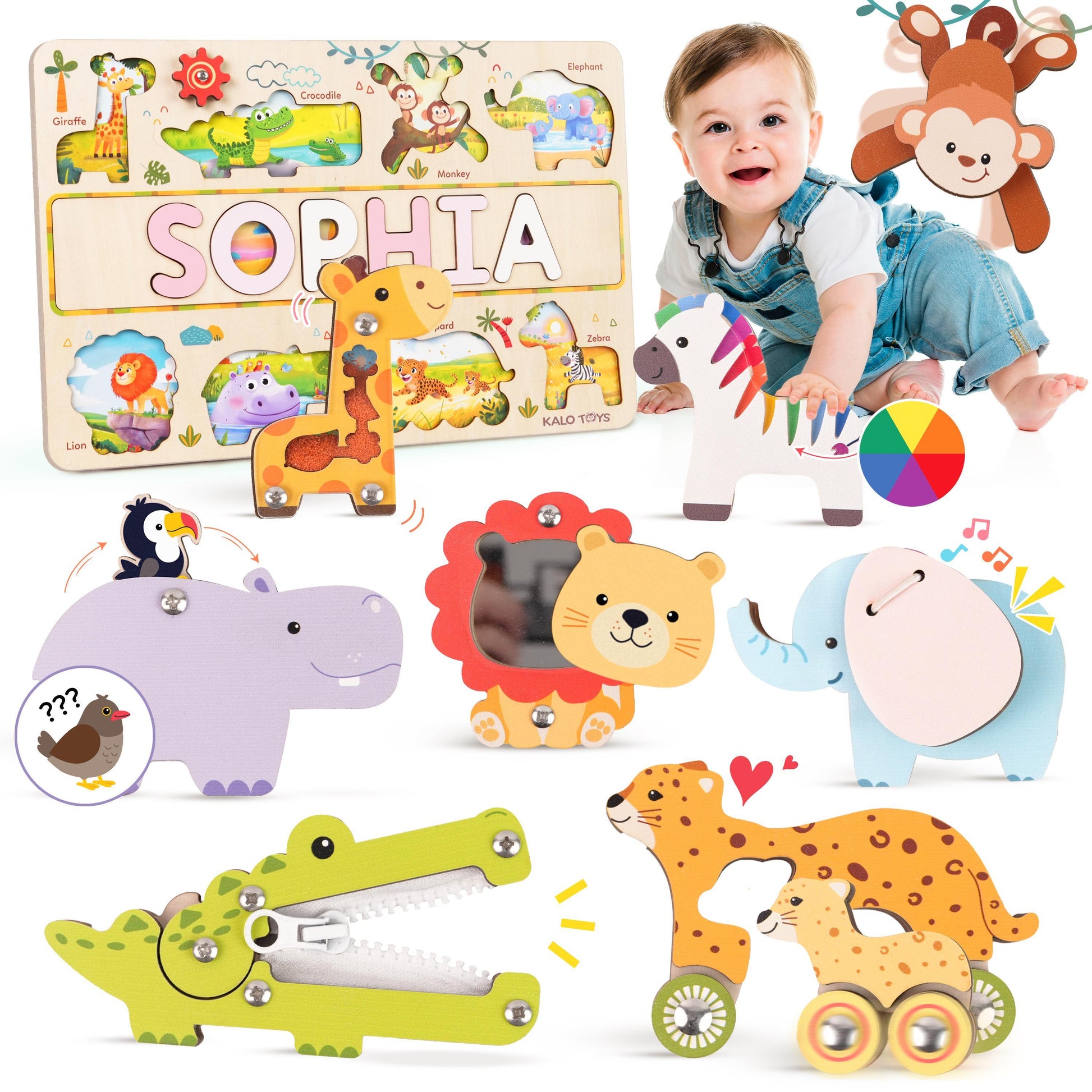 Personalized animal name puzzle busy board with colorful wooden animals and happy child playing.