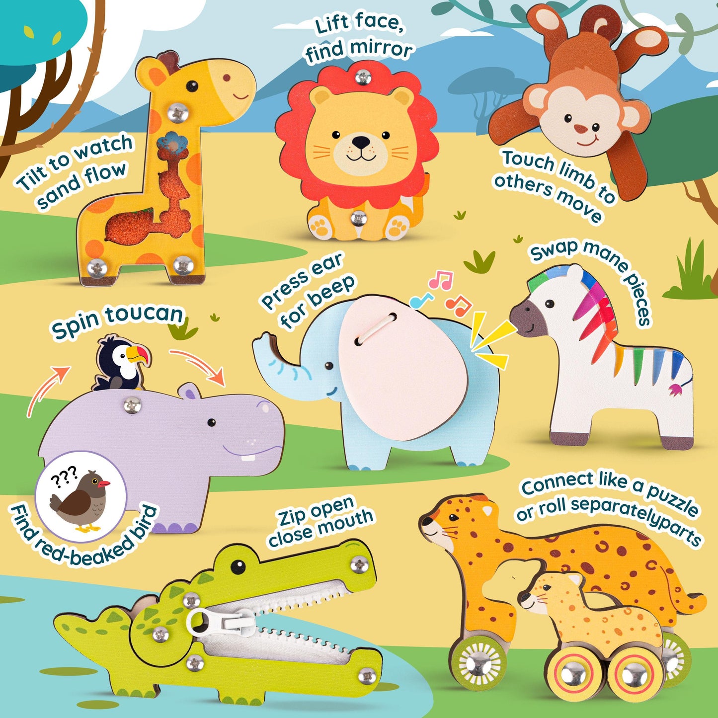 Colorful wooden animal puzzle busy board with interactive features for toddlers' learning and play.