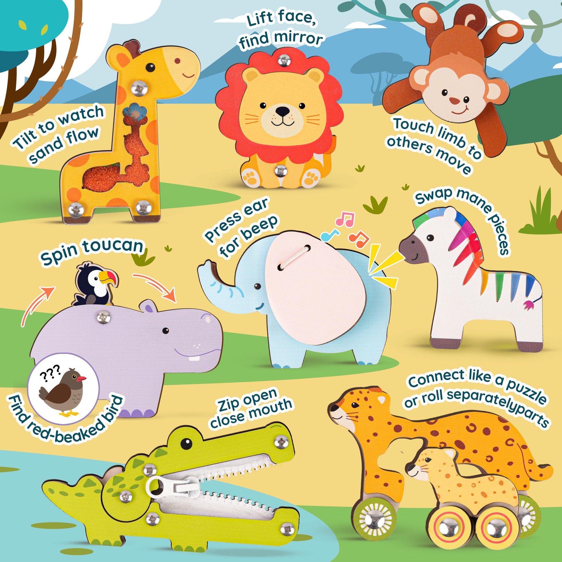 Colorful wooden animal puzzle busy board with interactive features for toddlers' learning and play.