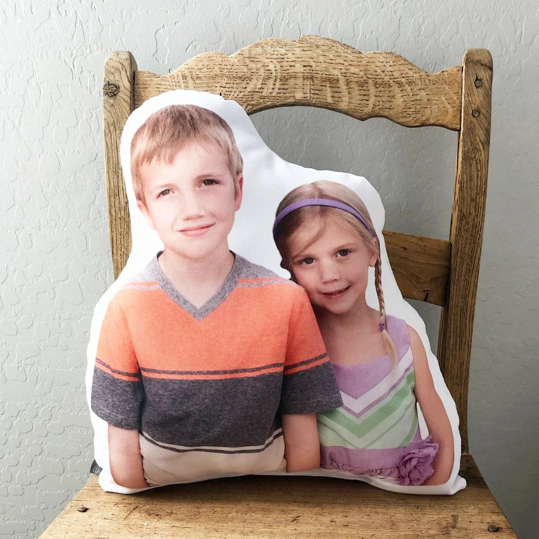 Personalized funny pillow featuring two children, perfect for capturing memorable moments.