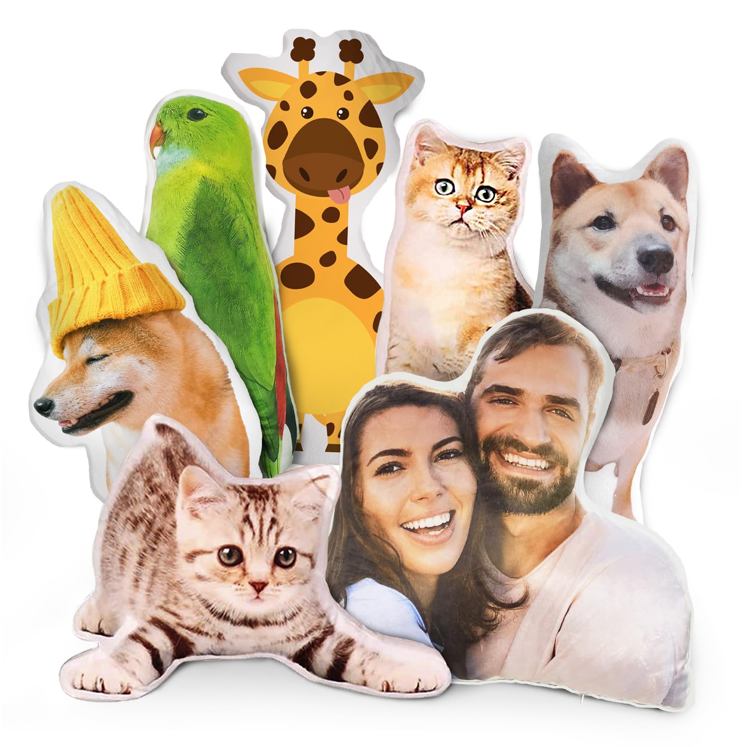 Custom funny pillows featuring pets and happy moments, perfect personalized gifts for any occasion.
