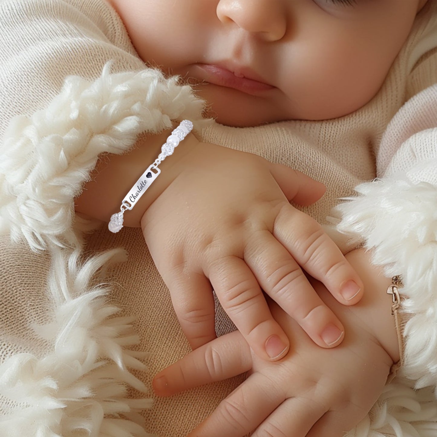 CZ Silver Personalized Baby Name Pearl Bracelet
