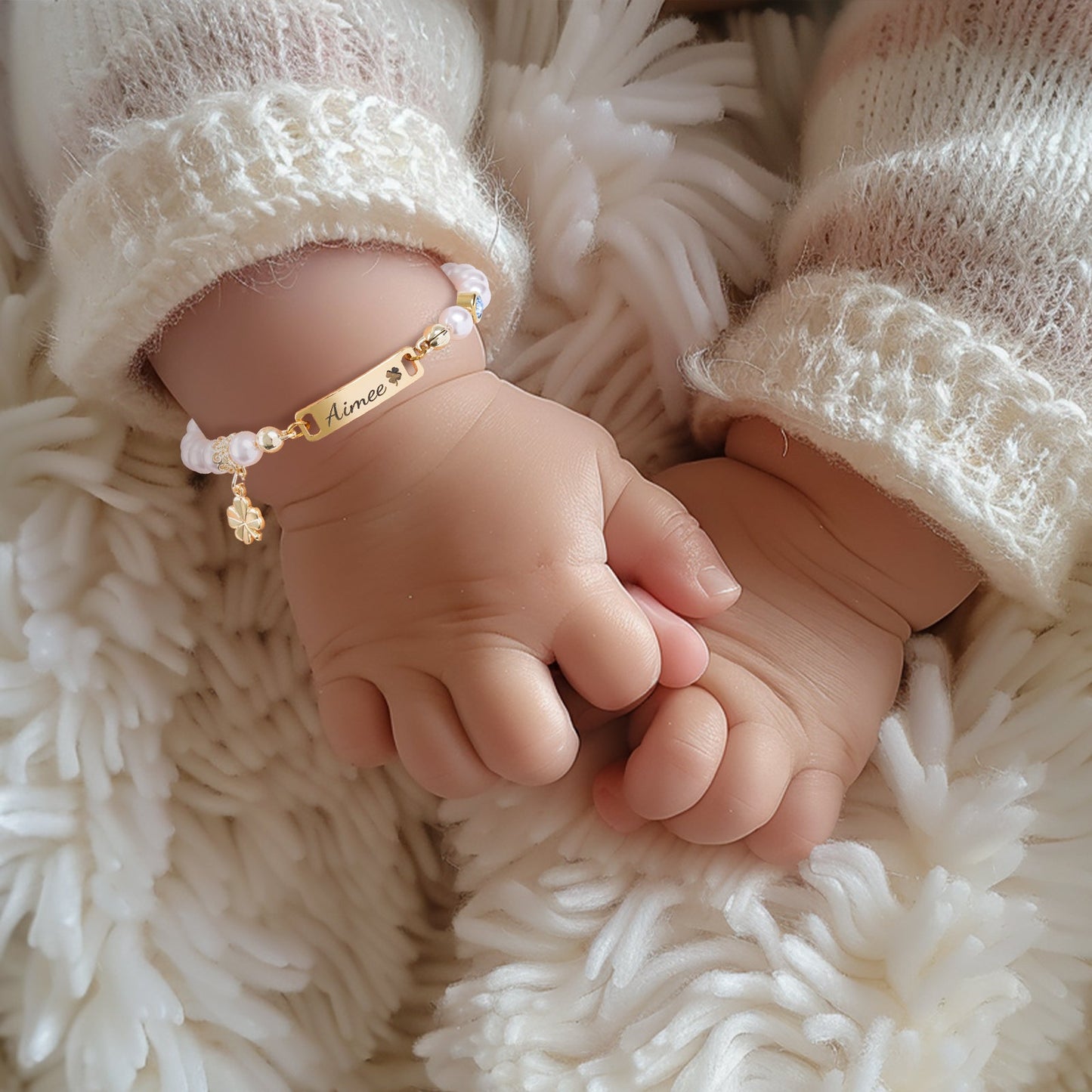 Four-leaf Clover Pendant Personalized Baby Name and Birthstone Pearl Bracelet
