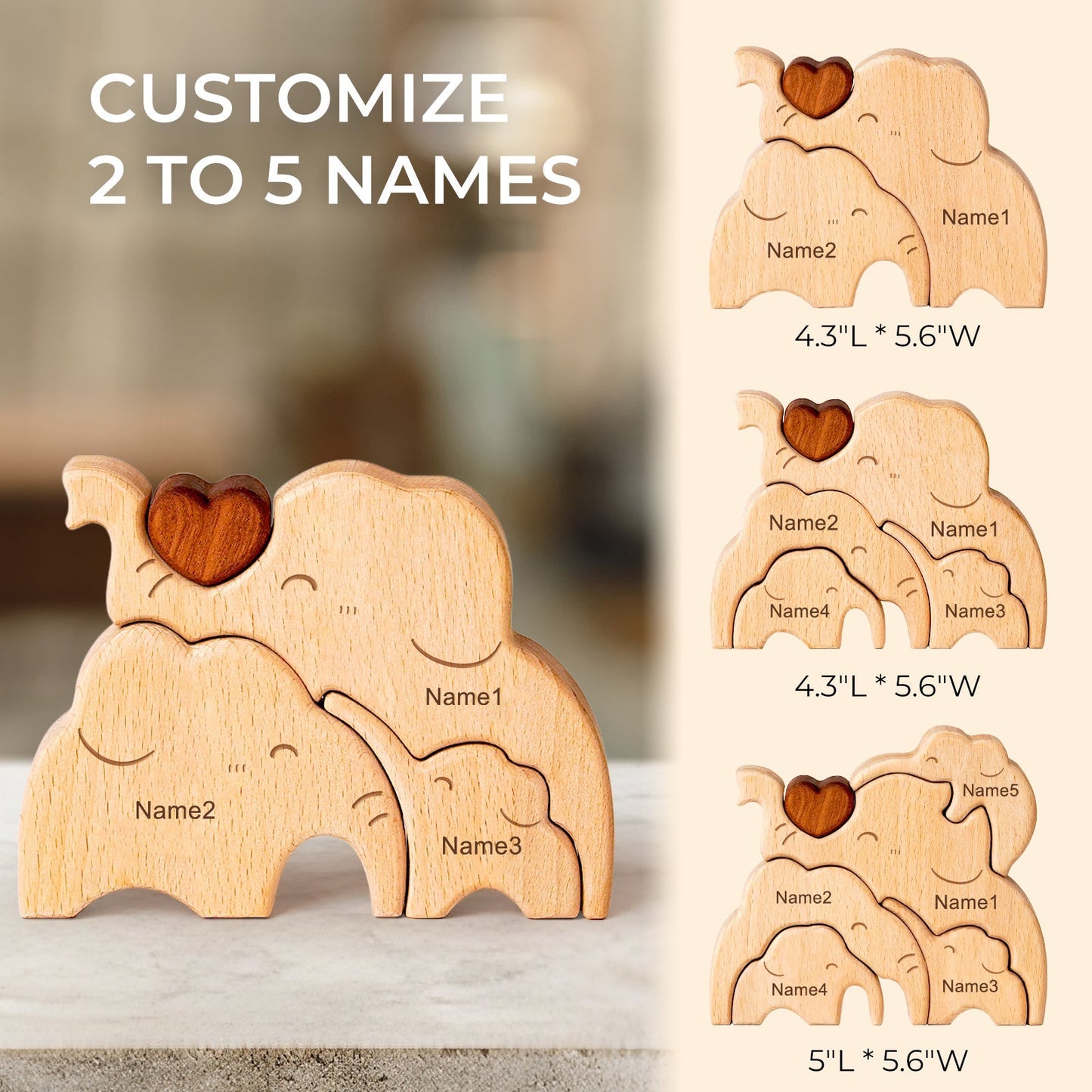 Personalized wooden elephant family puzzle with customizable names for sentimental family decor.