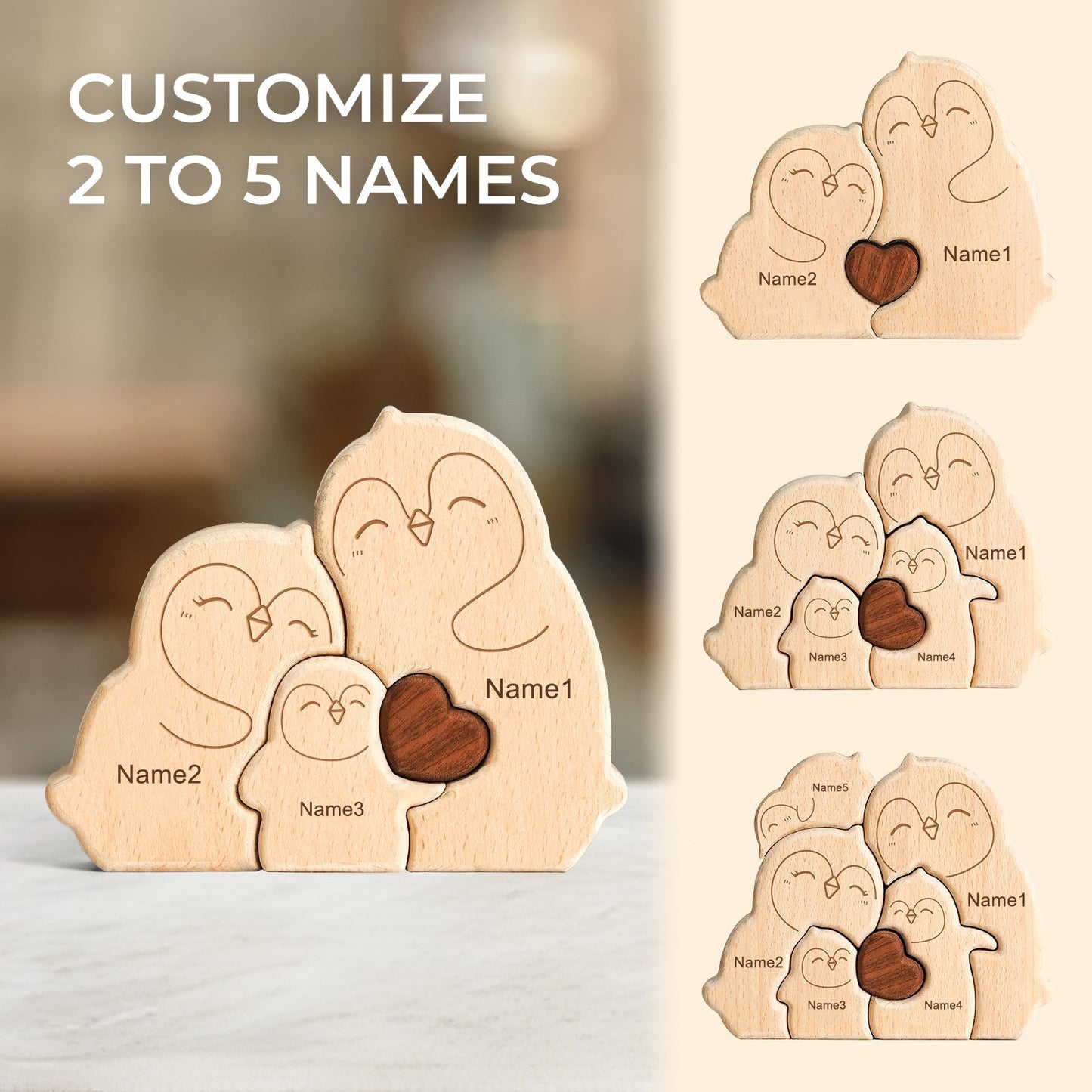 Personalized wooden penguin family puzzle decor with customizable names for gifting and home decoration.