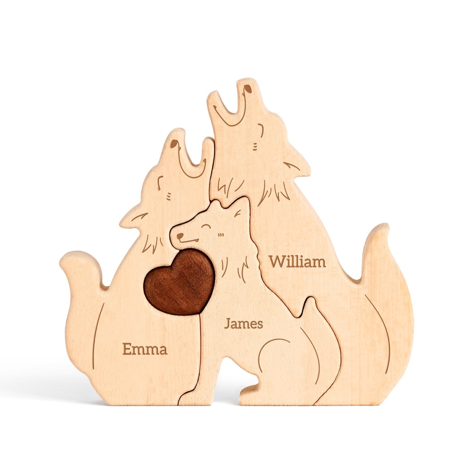 Personalized wooden wolf family puzzle with names Emma, James, and William, featuring a heart design.