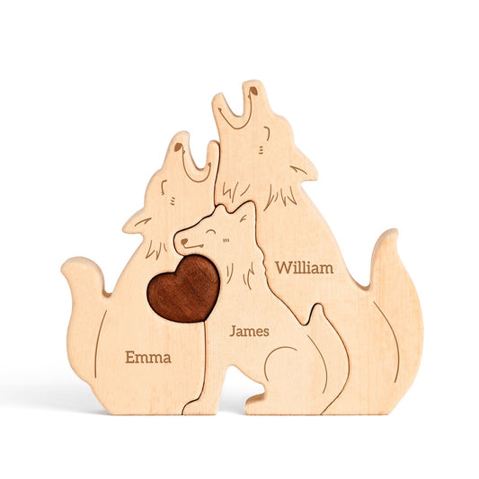 Personalized wooden wolf family puzzle with names Emma, James, and William, featuring a heart design.