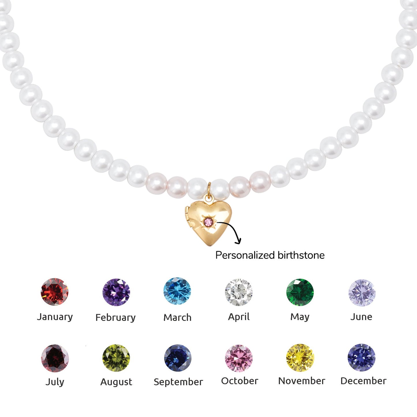 Personalized Birthstone Girl‘s Heart Locket Pearl Necklace