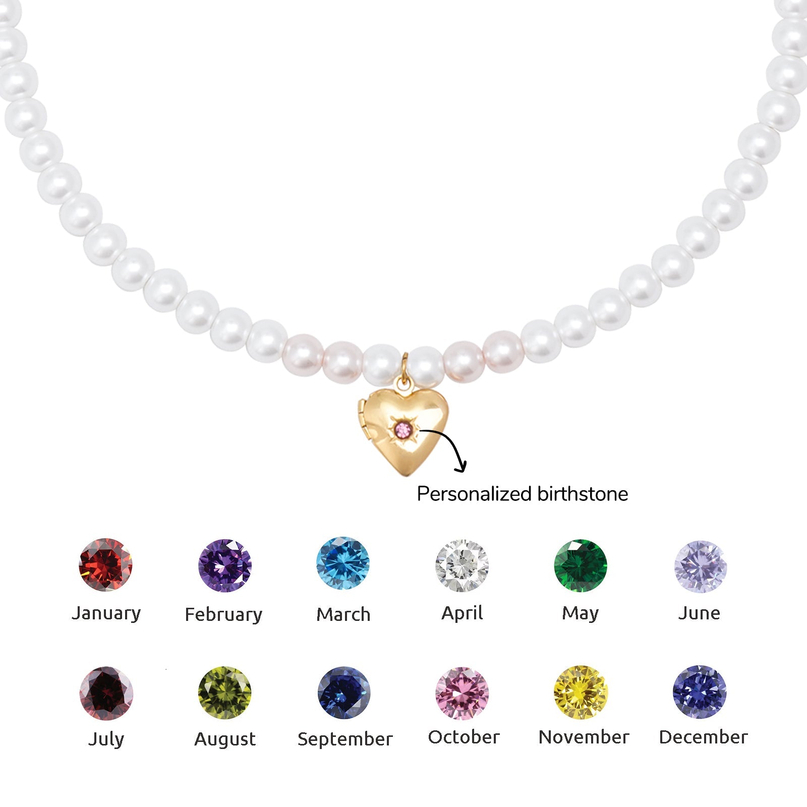 Personalized Birthstone Girl‘s Heart Locket Pearl Necklace