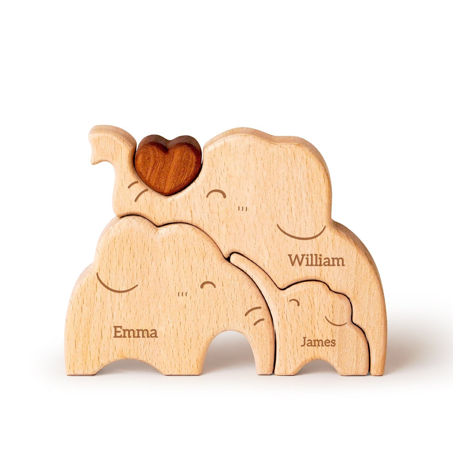 Personalized wooden elephant family puzzle with names Emma, William, and James, perfect for family decor.