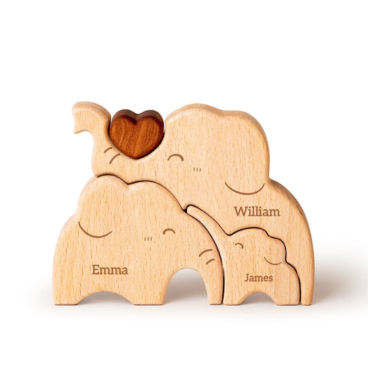 Personalized wooden elephant family puzzle with names Emma, William, and James, perfect for family decor.