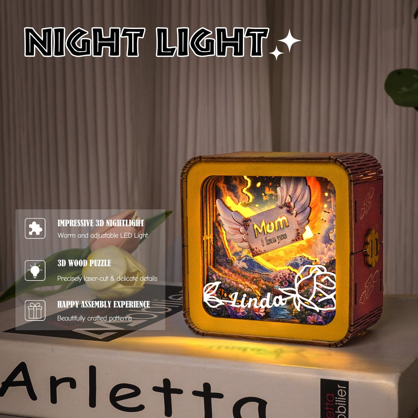 Personalized 3D Wooden Puzzle Night Light featuring angel wings and a heartfelt message for Mother's Day.