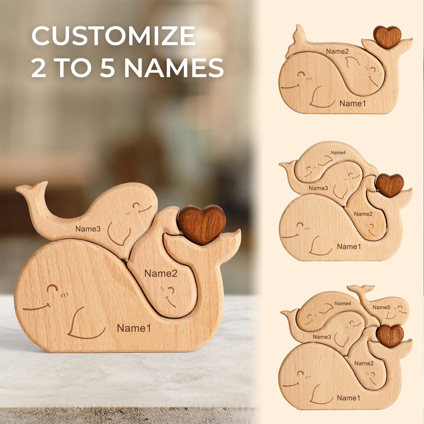 Personalized wooden whale family puzzle decor featuring customizable names for family bonding.