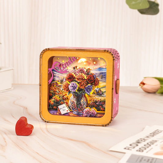 Personalized 3D Wooden Puzzle Night Light with floral vase design for Mother's Day in warm colors.
