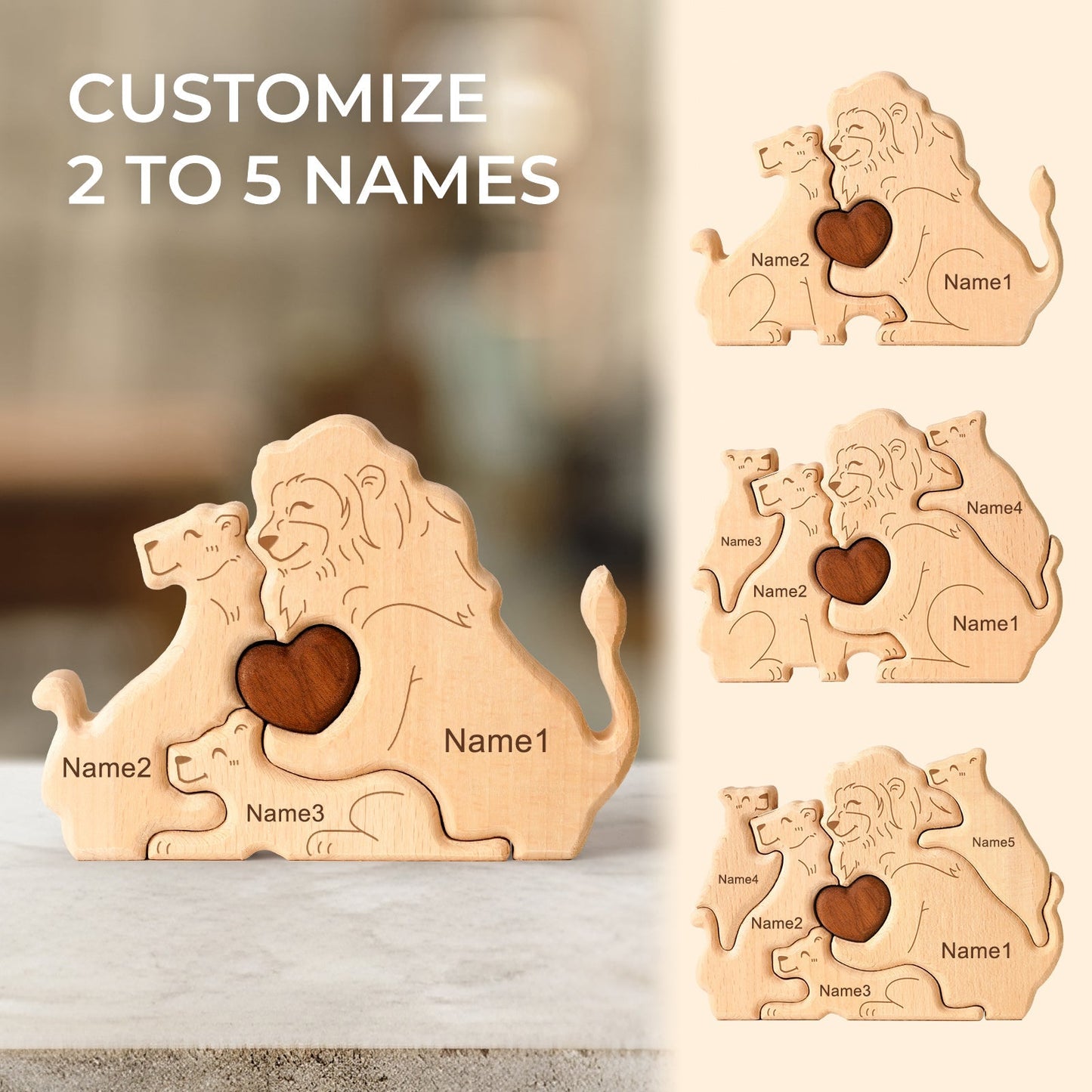 Personalized wooden lion family puzzle decor showing customization options for family names.