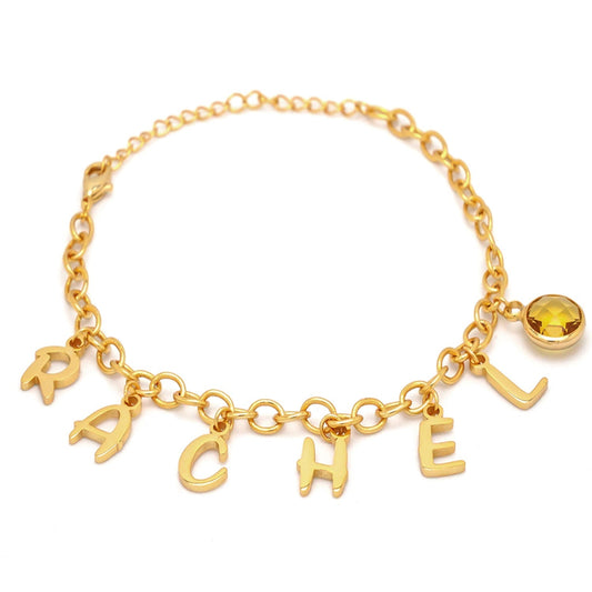 Gold Personalized Childrens Letters and Birthstone Pendant Bracelet