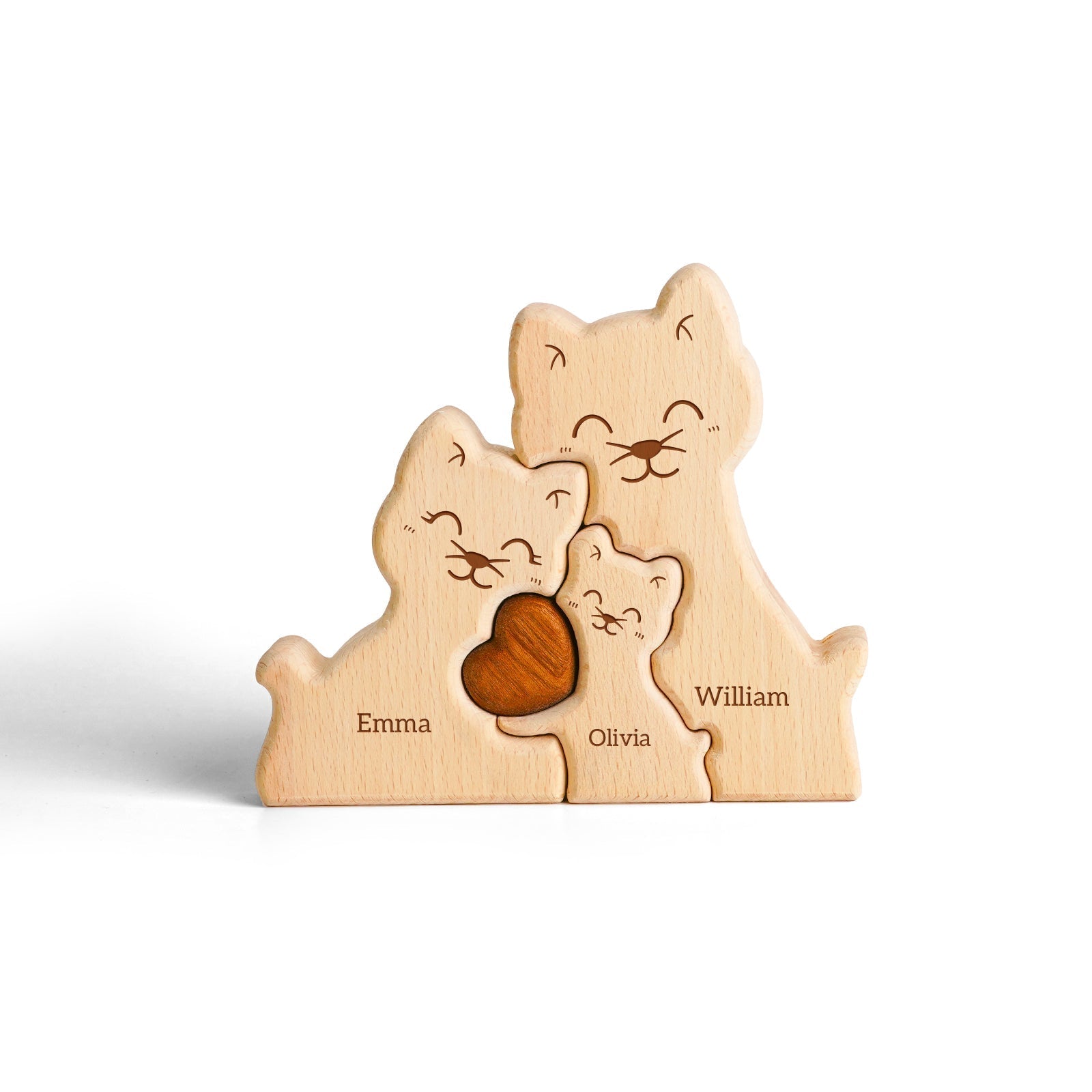 Personalized wooden cat family puzzle decor with names Emma, Olivia, and William, symbolizing family love.