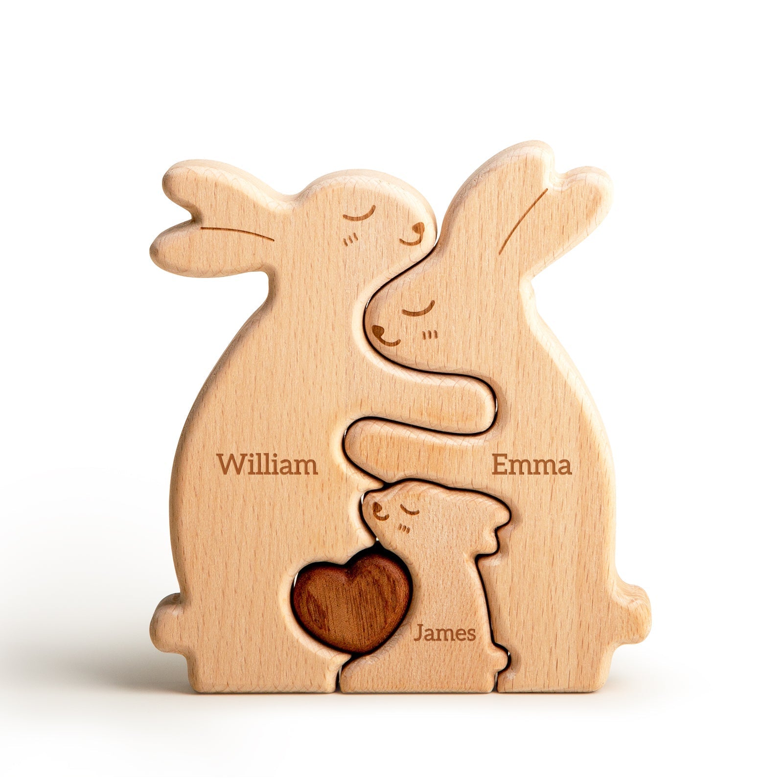 Personalized wooden rabbit family puzzle with names William, Emma, and James, perfect for Easter decor.