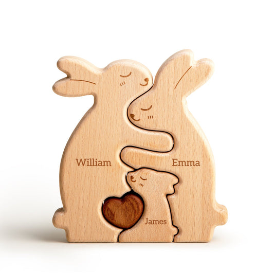 Personalized wooden rabbit family puzzle with names William, Emma, and James, perfect for Easter decor.