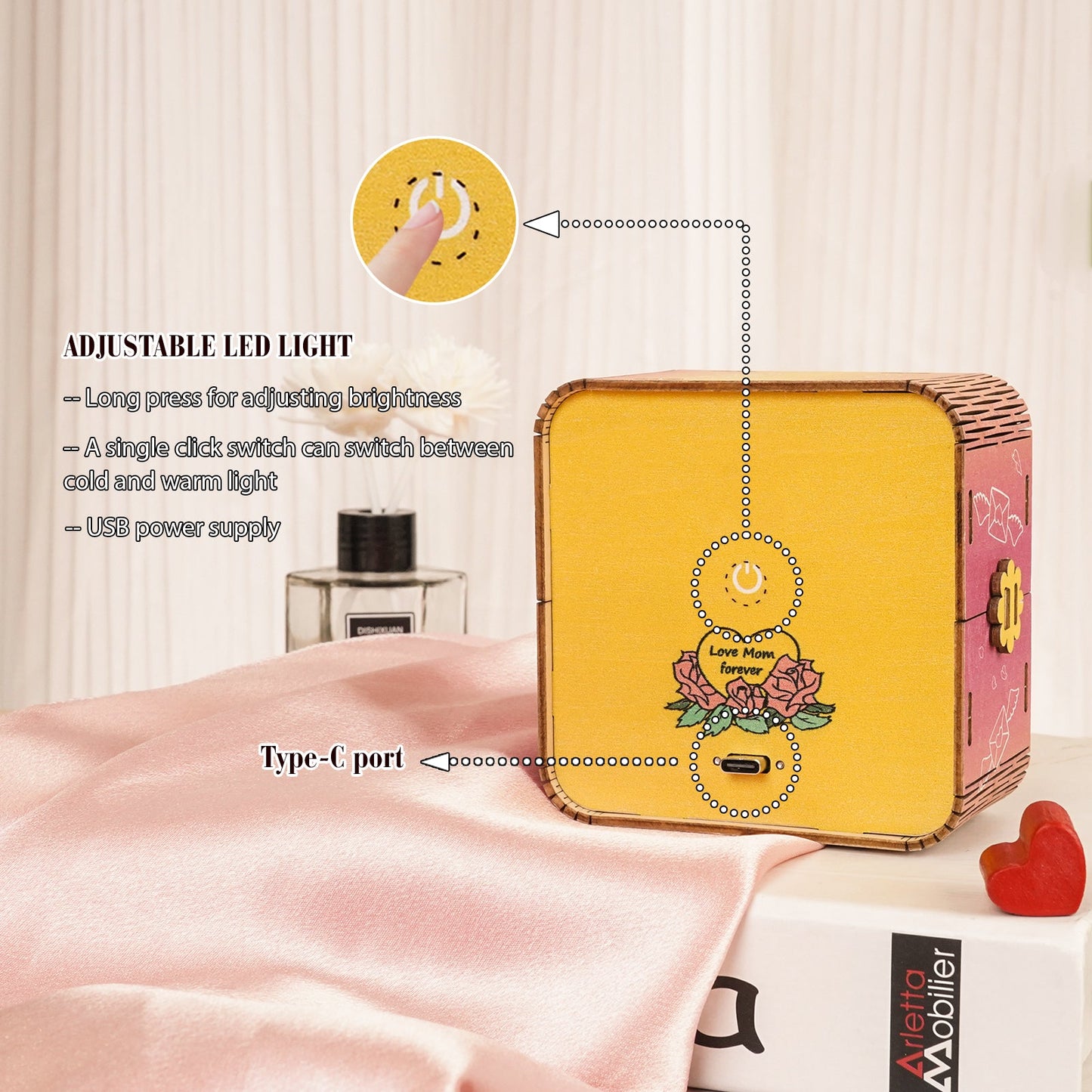 Image showcasing adjustable LED light features of a personalized 3D wooden puzzle night light with USB Type-C port.