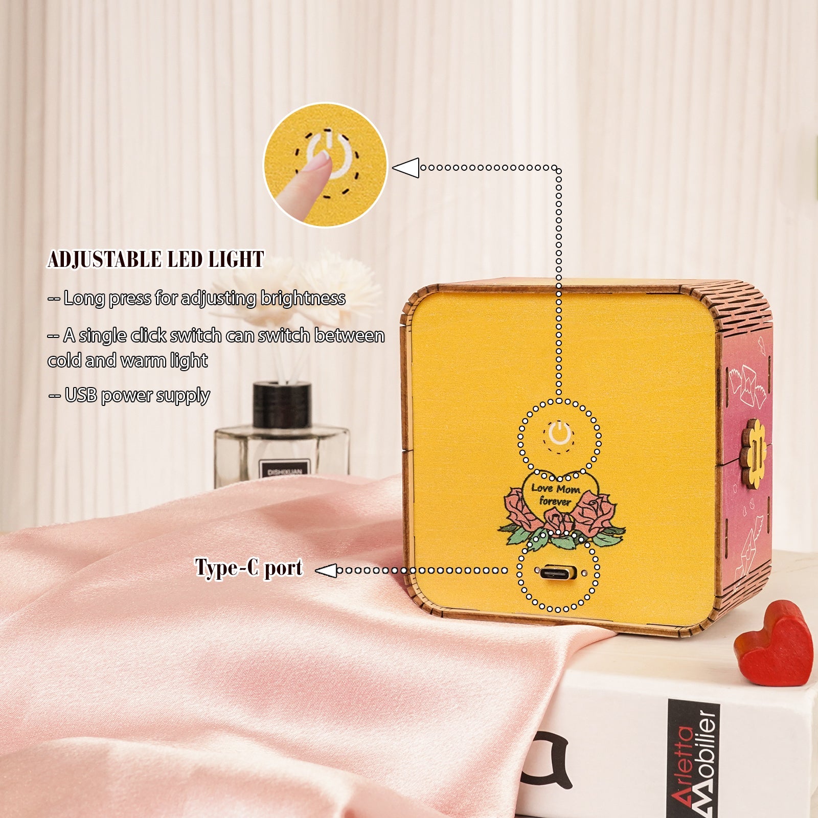 Image showcasing adjustable LED light features of a personalized 3D wooden puzzle night light with USB Type-C port.