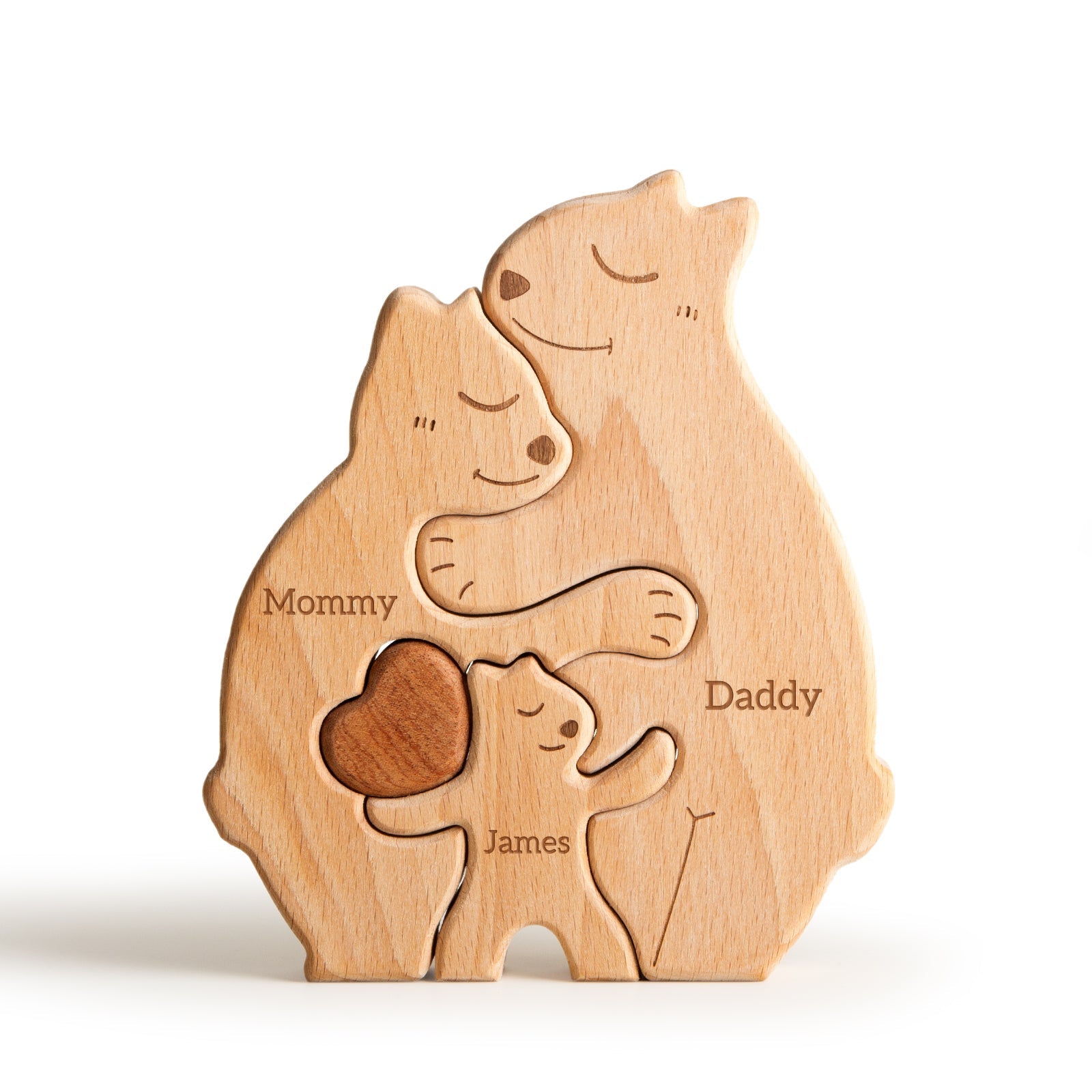 Personalized wooden bear family puzzle with carved names for a charming decor.
