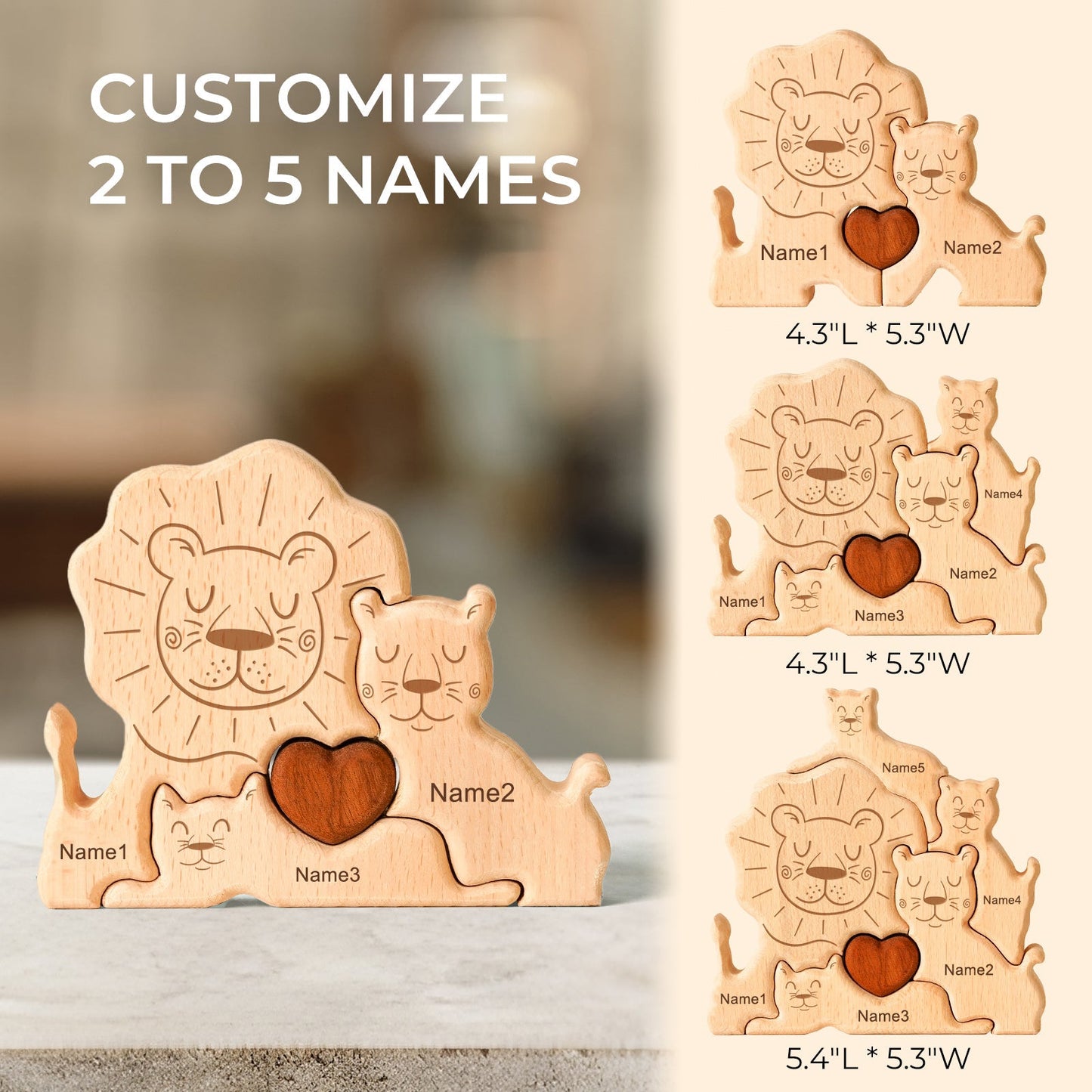 Personalized wooden lion family puzzle decor customizable for 2 to 5 names, perfect for family celebrations.