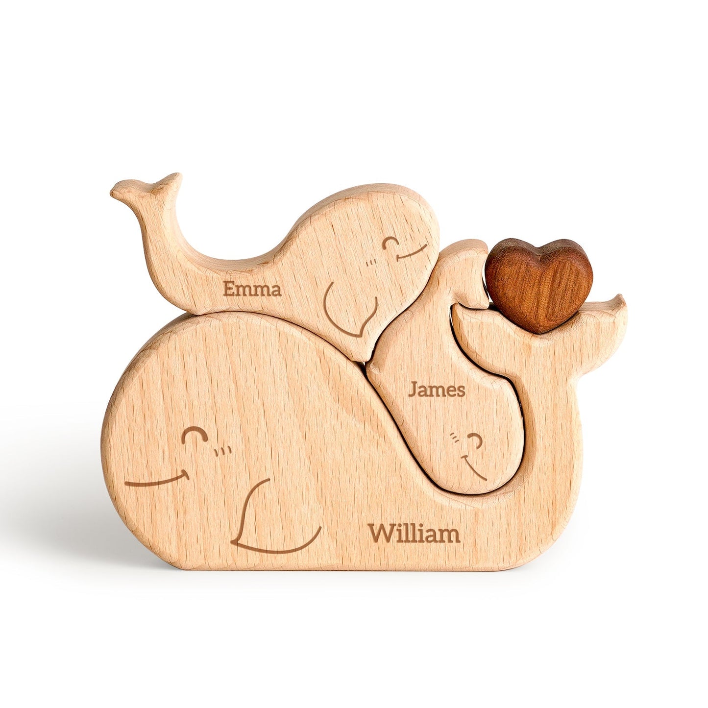 Personalized wooden whale family puzzle featuring names Emma, James, and William, perfect for home decor and gifts.
