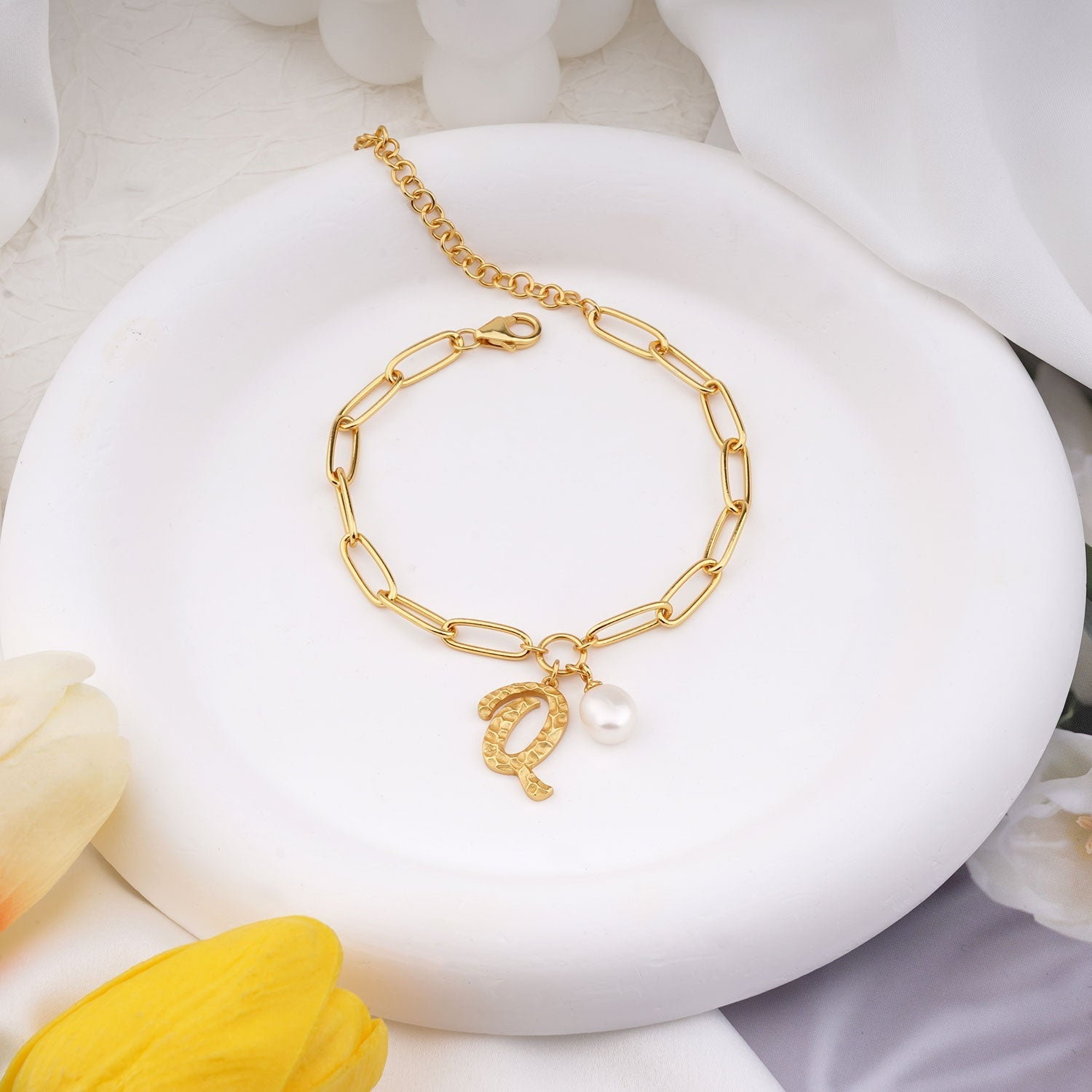 Kids Initial Pearl Charm Bracelet