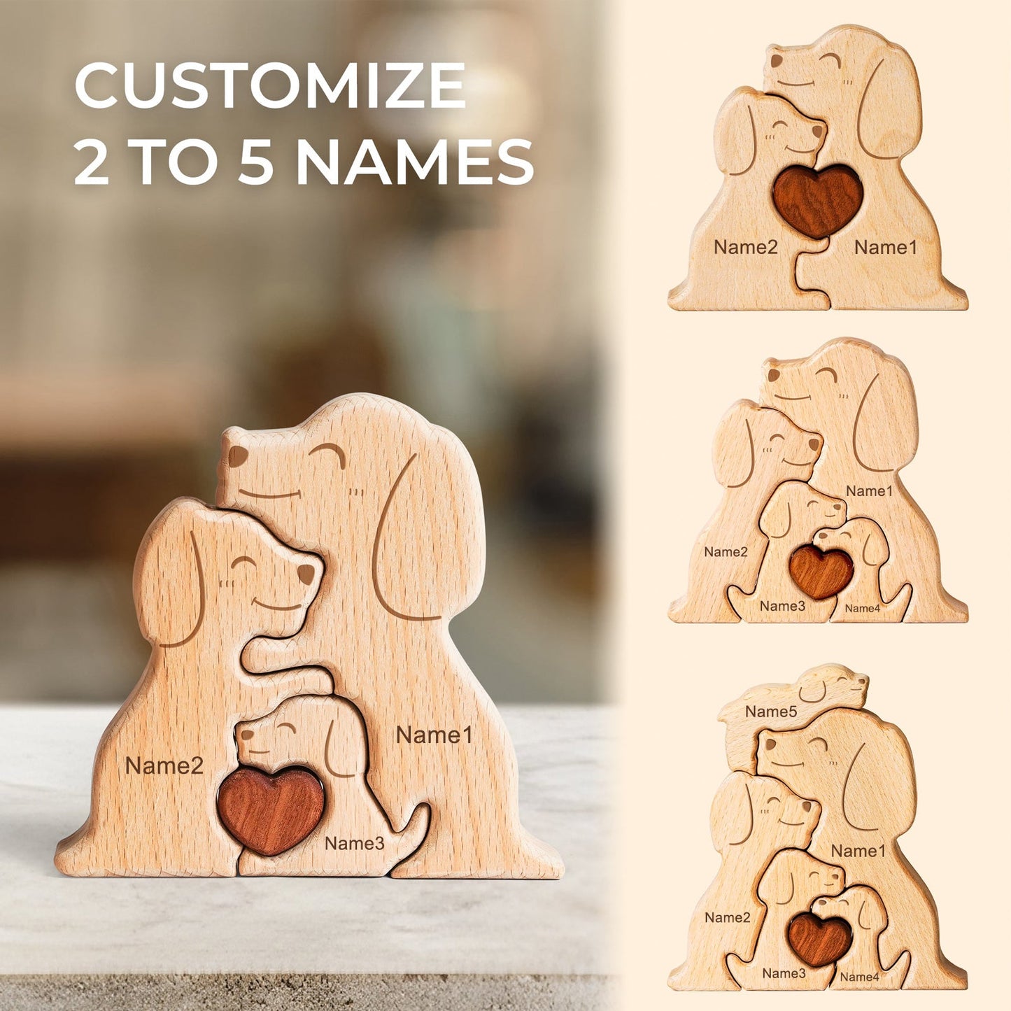 Personalized wooden dog family puzzle decor featuring customizable names for a heartfelt family gift.